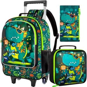 FTJCF 3PCS Rolling Backpack for Girls Boys, Kids Roller Bookbag with Wheels, Wheeled School Bag Set for Elementary, Dinosaur Green01, One Size
