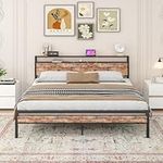 King Size Bed Frame with Storage Headboard and Charging Station,Platfrom Bed Frame King Size with Storage Shelves,King Bed Frame No Box Spring Needed Heavy Duty Metal Slats,No Noise,Black