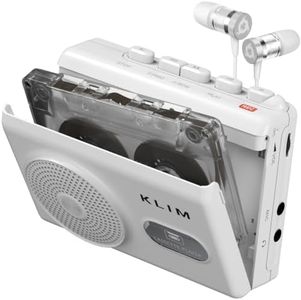 KLIM K9 Cassette Tape Player – Portable Cassette Player & Tape Recorder with Built-in Speaker & Microphone, Headphone Jack, AA Batteries (Included)/AC Powered, Includes Earphones - White