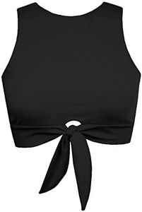 Women's Cut Out Tie Knot Front Scoop High Neck Tank Crop Top Bikini Swimsuit Top Only, Black, Large