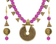 JFL - Jewellery for Less fashion Handcrafted Gold Oxidized Combo of 2 Earrings and Beaded Necklace set with Adjustable Thread (Pink),Valentine