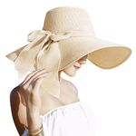 Lanzom Womens Big Bowknot Straw Hat Floppy Foldable Roll up Beach Cap Sun Hat UPF 50+ (Beige)