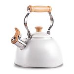 ROCKURWOK Whistling Tea Kettle, 2.7 QT / 86 OZ, White Teapot, Universal Base for Induction | Gas | Electric | Halogen | Radiant, Wooden Handle, Vintage