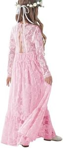 ALLOVIN Long Sleeve Boho Lace Flower Girl Dress, A-Line Ruffle Wedding Baptism Party Dress for Girls 3-12 Years | Pink | 6-7Y