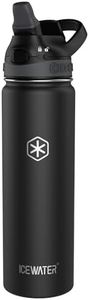 ICEWATER - 24 oz Insulated Water Bottle With Pop up Straw and Carrying Handle, Leakproof Lockable Lid with Soft Rubber Nozzle, One-hand Operation, Vacuum Stainless Steel, BPA-Free (Black)