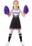 LOLANTA Big Girls Cheer Outfits Summer Dresses Swimsuit Fabric with Socks, Pom Poms (8-10, Black)