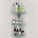 Plantex Transparent Glass Corner Shelves for Bathroom/Kitchen/Living Room Wall Mounted with Stainless Steel Railings and Brackets - Premium Bathroom Organizer (12 x 12 Inches - Pack of 3)