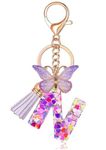 riKRishnaya Artworks All A-Z Heart Glitter Resin Handmade Keychain with Butterfly, Tassel Charm, Golden Lobester Clasp for Girls Boys Car Bag Purse gift (Purple N)