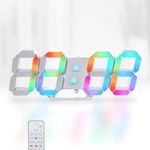 KOSUMOSU LED Wall Clock 15" Dynamic Neon LED Clock for Living Room Gaming Room Decor,Big Number Desk Clock Large Display Digital Alarm Clock Dimming/Temp/Remote(White LED Clock with RGB Light)