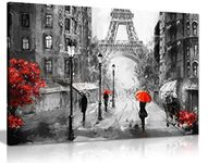 Black White Red Oil Painting Paris Eiffel Tower Street View Canvas Wall Art Picture Print (30x20)