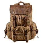 WUDON Leather Backpack for Men, Waxed Canvas Shoulder Rucksack Carry-On Travel Backpack, Khaki, Large, Travel Backpack