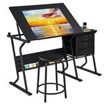 Yaheetech Drawing Table with Tiltable Tabletop for Artist, Height Adjustable Drafting Table Writing Desk with Drawers & Extra Storage Shelf, Art Desk w/Tools Painting Table for Reading/Writing, Black