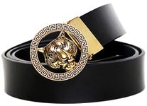 RosyU Men's Fashion Gold Tiger Buckle 35 mm Leather Belt (Black, 125cm/(44-46)(Can be cut))