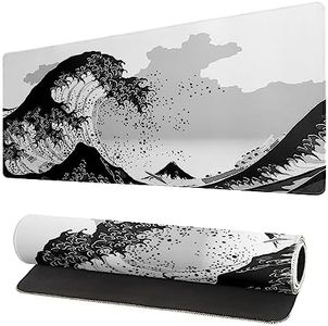 Siski Black and White Japanese Sea Waves Gaming Mouse Pad Long Computer Keyboard Mousepad 31.5X11.8 Inch with Stitched Edges XL Desk Extended Big Mat Non-Slip Rubber Base for Office Home,(zzy3080mp1)