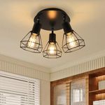 LTBLIGHT 3-Light Track Lighting Fixtures, Rotatable Ceiling Light Kit, Black Metal Wire Cage Light Fixtures with Round Plate Spotlights for Kitchen, Bedroom, Hallway, E26 Base, Bulbs Not Included