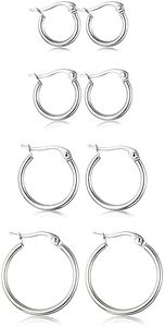 ORAZIO 4 Pairs Stainless Steel Hoop Earrings Set Cute Huggie Earrings for Women,Silver-Tone,10MM-20MM