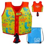 Go Swim Float Vest - *Includes Free Swim bag* Fixed Buoyancy Childrens Swim Jacket With Safety Strap (Daring Dinos, S (Up to 3 Years/15-19kg))