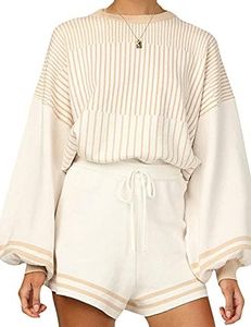 Gihuo Women' s Striped 2 Piece Outfits Crewneck Knit Pullover Sweater Shorts Set Wide Leg Matching Set Loungewear(Apricot-XS)