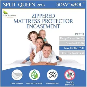 Split Queen Mattress/Box Spring Encasement 30" x 80" (2PCs) - Waterproof Zippered Protector Premium Quality Hypoallergenic Bed Cover Protects Against Dust - Breathable Smooth Fabric