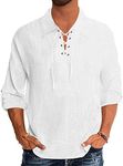 YAOBAOLE Men's Cotton Linen Shirt Regular Fit Plain Collor Lace Up Tops White L