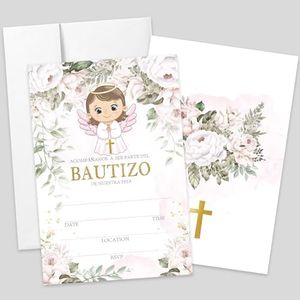 AEHIE 20 Sets Bautizo Baptism Baby Shower Party Shaped Fill-In Invitations With Envelopes, Pink Floral Angel Gold Cross Invitations Cards for Girls, Christening First Holy Communion Party Invites