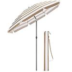 CHRISTOW Beach Umbrella Portable Tilting Parasol Sun Shade with UV Protection and Bag 2m (Taupe and White Striped)