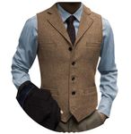 Tuikayoo Men's Tweed Suit Vintage Vest Herringbone Wool Prom Waistcoat Groomsmen, Brown, Medium