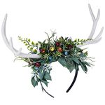 MOSTORY Handmade White Antler Headband with Green Leaves Woodland Elf Crown Forest Flower Headpiece for Witch Fairy Princess Women Adults Carnival St.Patrick’s Fae Ball Cosplay Costumes Green White