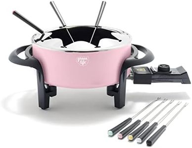 GreenLife 14 Cup Electric Fondue Maker Pot Set for Cheese, Chocolate, and Meat, 8 Color Coded Forks, Healthy Ceramic Nonstick, Adjustable Temperature Control, PFAS-Free, Pink