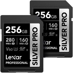 Lexar 256GB (2-PK) Professional Silver PRO SDXC Memory Card, UHS-II, C10, U3, V60, Full-HD & 4K Video, Up to 280MB/s Read, for Professional Photographer, Videographer, Enthusiast (LSDSIPR256G-B2NNU)