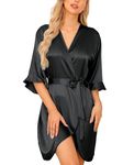 Wikoan Women's Satin Robe Summer Silk Dressing Gowns Soft Wedding Party Bathrobe 3/4 Sleeve Sleepwear with V-Neck,S，Black,Black,S