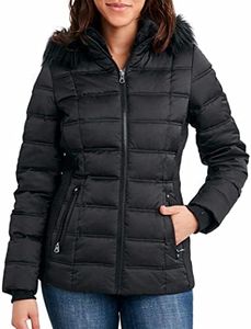 Nautica Womens Faux Fur Trim Hooded Midweight Puffer Jacket, Black, Small