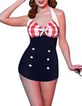 Ekouaer Womens Vintage Retro Striped One Piece Swimsuit Pin up Halter Monokini Bathing Suit - Red - Medium