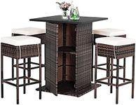 Tangkula 5 Piece Outdoor Rattan Bar Set, Patio Bar Furniture with 4 Cushions Stools and Smooth Top Table with Hidden Storage Shelf, Outdoor Conversation Set for Poolside, Backyard, Lawn and Garden