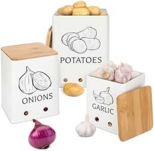 Moondust Wj 3 Pack Vegetable Storage Tins，Potatoes Storage，Metal Onion and Potato Storage Bins，Kitchen Potato and Onion Storage Bin，Onion Storage Containers with Aerating Holes and Wooden Lid.