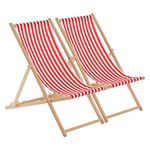 Harbour Housewares Folding Wooden Deck Chairs – Red Stripe – Pack of 2 – Adults Traditional Foldable Reclining Outdoor Canvas Sun Lounger Chair Seat for Garden Patio, Beach, Camping