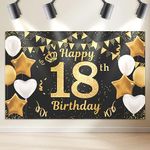 Happy 18th Birthday Banner 18th Photo Backdrop Black Gold Birthday Party Background Supplies Backdrop Props, Birthday Decorations for Men and Women 18th Backdrop Banner Photo Booth Sign 180×110cm