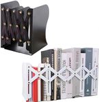 Adjustable Bookends, 2 Pack Expandable Book Organizer Metal Nonskid Books Holder Desk Magazine File Organizer for Home Office School Library Extends Up to 19.6" (White & Black