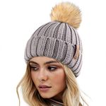 FURTALK Womens Winter Knitted Beanie Hat with Faux Fur Pom Fleece Lined Warm Beanie for Women Fog Grey