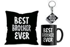 Posh Presents Best Brother Ever Satin Printed Black Cushion with Filler & Coffee Mug 330 Ml Gift for Brother,