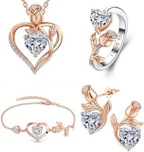 JACUPO Rose Heart Necklace Earrings Bracelet Set Moissanite/Lab-Grown Sapphire/Ruby Options S925 Silver Plated 18K White Gold Engraved I LOVE YOU Ideal for Mother's Day Proposal Gift for Girlfriend Wife (Necklace 1.2CT / Earrings 0.8CT) (Moissanite Rose Gold 4Pcs Set)