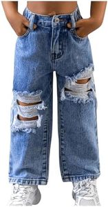 WDIRARA Toddler Girl's Ripped Straight Leg Crop Jeans Elastic Waist Denim Pants with Pockets Light Blue 5Y