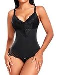 Niwicee Women Shapewear Bodysuit Tummy Control Full Body Shaper Thong Adjustable Straps V Neck Lace Shaping Leotard Tops Seamless Waist Trainer(Black,XL)