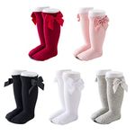 Yeshore Baby Girls Knee High Socks Bow Tube Ruffled Knit Cotton Long Stockings For Infants And Toddlers 5 Pairs (White, Black, Grey, Wine Red, Pink, 0-1T)