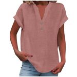 2024 Women's Blouses Cotton Linen V Neck Button Short Sleeve Tops Spring Summer Tees Trendy Casual T-Shirts Pink