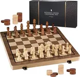 PlayVibe Wooden Chess Set 15'' - Checkers & Chess Board Game with 2 Extra Queens - Handmade Chess Sets for All Ages - Family, Travel Board Games