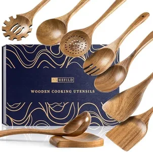 Hefild Wooden Spoons for Cooking, Nonstick Cooking Utensil Set with 8 Piece Acacia Wooden Spatulas and Spoons, as well as a Extra Whole Wood Spoon Rest, Terrific for Everyday Kitchen Tasks