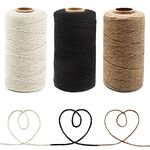 Anvin 984 Feet Cotton Twine Natural Jute Twine Packing Twines Bakers Twine Black Twine White Twine Wrapping Butchers Baking Arts and Crafts Gardening(Pack of 3, 10 Ply 2mm Thick)