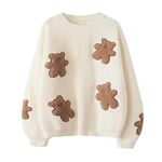 Cute Sweater for Teen Girls Japanese Style Kawaii Bear Patch Embroidery Long Sleeve Pullover Tops Casual Sweaters (White)