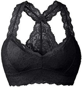 YIANNA Women Black Floral Lace Bralette Padded Breathable Sexy Racerback Lace Bra Bustier Crop Top Wirefree, YA8332-Black-S